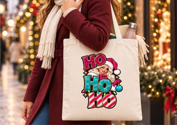 Christmas Tote Bag for Women Reusable Natural Cotton Shopper HO HO HO Holiday Gift Festive Christmas Market Bag Winter Shoping