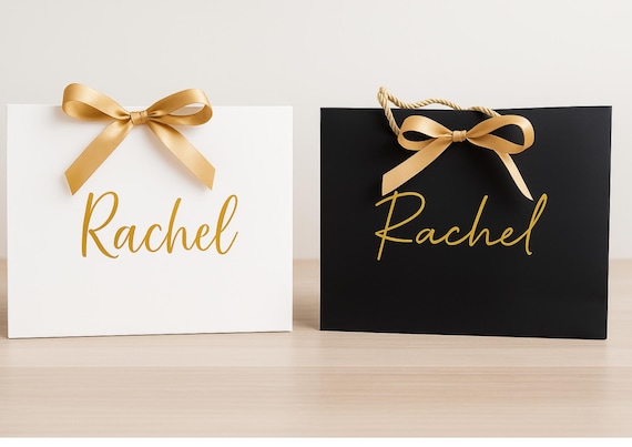 Personalised Gift Bag with Name Custom Present Bag Bow Bridal Shower, Christmas, Birthday Party White or Black
