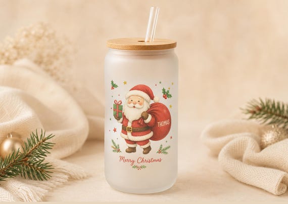 Personalised Christmas Frosted Glass Tumbler, Santa Cup with Bamboo Lid & Straw, Custom Name Xmas Gift