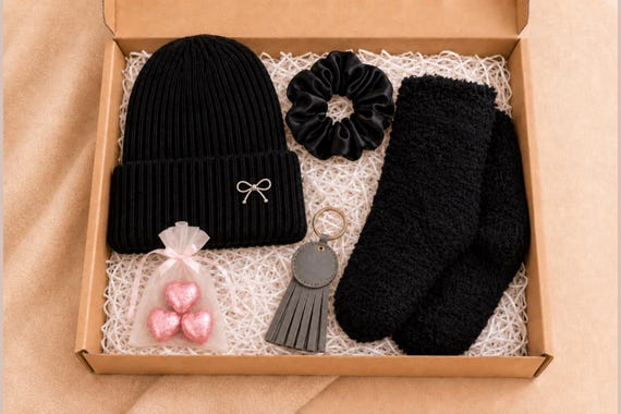 Black Cosy Winter Gift Box for Her, Hat Socks Scrunchie Keychain Set, Cold Weather Accessories, Christmas Gift for Women