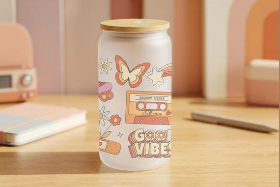 Groovy Tumbler 16oz Retro Glass Cup Good Vibes Drinkware Teacher Gift Birthday Gift for Her