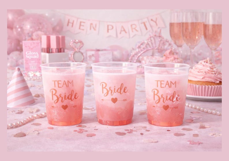 hen party cups, bachelorette cups, hen do drinkware, bridal party cups, bride squad cups, wedding party cups, party plastic cups, reusable party cups, hen party favours, bachelorette favours, bridal shower cups, wedding morning cups, pink party cups
