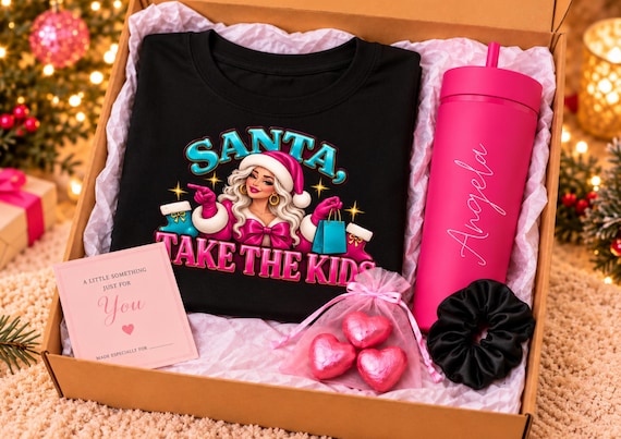 Funny Mom Christmas Gift Box Santa Take The Kids Shirt Personalised Tumbler Chocolate Care Package