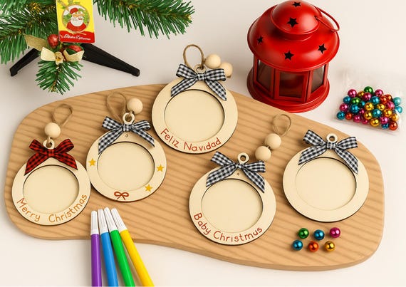 Personalised DIY Christmas Ornament Kit Kids Craft Activity Custom Wood Photo Decorations with Markers Beads Bows