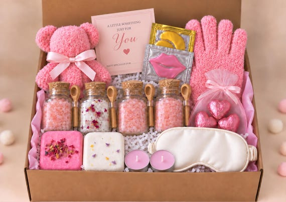 Pink Spa Gift Box Women Self Care Pamper Hamper Bath Salts Shower Steamers Birthday Present Relaxation Set