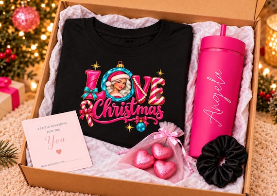Christmas Hamper for Women Personalised Pink Tumbler Love Christmas T Shirt Chocolate Gift Set