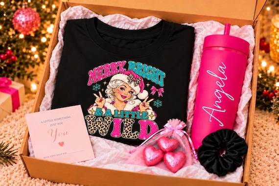 Merry Bright Christmas Gift Box Bundle Personalised Hot Pink Tumbler Xmas Graphic Tee Chocolate Gift Set for Her