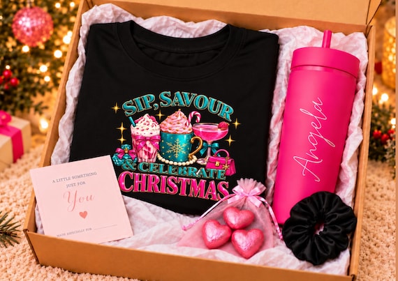Christmas Cocktail Gift Set for Her Personalised Pink Tumbler Festive Graphic T Shirt Chocolate Gift Hamper