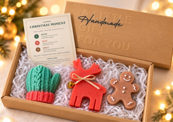 Christmas Candle Gift Box Set 3 Festive Mitten Reindeer Gingerbread Winter Holiday Present For Her