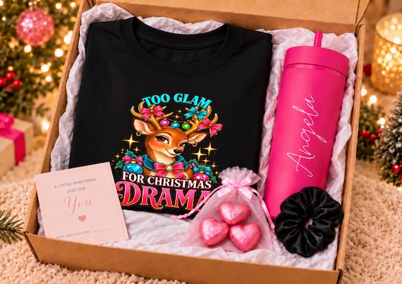 Glam Christmas Gift Bundle for Her Reindeer T Shirt Personalised Pink Tumbler Chocolate Gift Hamper