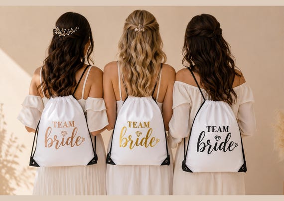 Team Bride Drawstring Bag, Hen Party Favour Bag, Bachelorette Drawstring Backpack, Bridal Squad Gift Bag, Rose Gold Gold Black Hen Do Tote