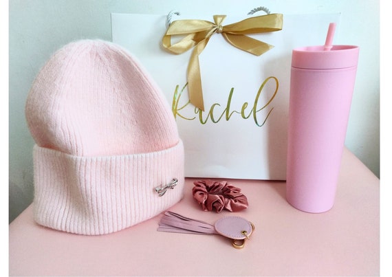 Luxury Personalized Gift Basket with Custom Tumbler Winter Hat Initial Keychain Scrunchie Hair Accessory Birthdays Holidays Occasions