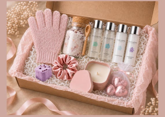 Christmas Pamper Gift Box for Her, Pink Self Care Hamper, Relaxation Spa Gift Set, Bath Salts Candle & Chocolates