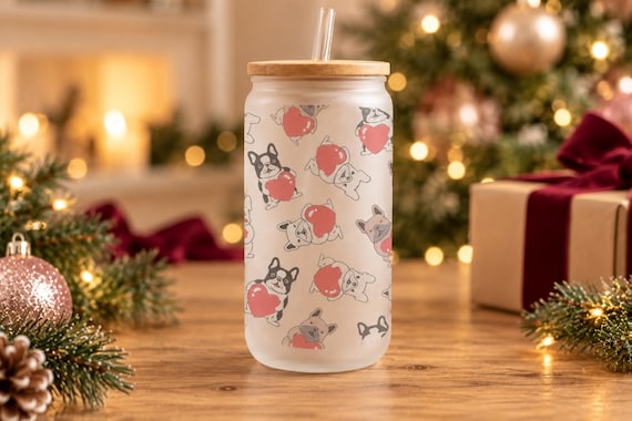 Dog Lovers Christmas Frosted Glass Tumbler, French Bulldog Holiday Gift, Cute Puppy Winter Coffee Cup