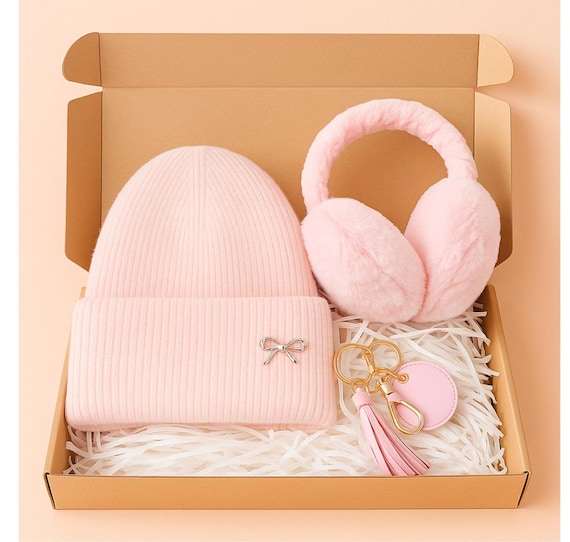Christmas Box Gift Beanie Earmuffs Keychain Set Warm Accessories for Teens and Women Holiday Season Present Bundle