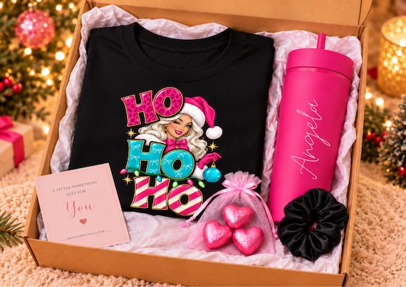 Ho Ho Ho Christmas Hamper for Women, Personalised Pink Tumbler, Santa Girl Graphic T Shirt, Chocolate Gift Set