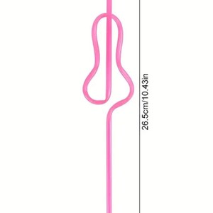 May include: Pink plastic drinking straw with a unique bend in the middle, measuring 10.43 inches in length and 0.18 inches in diameter.