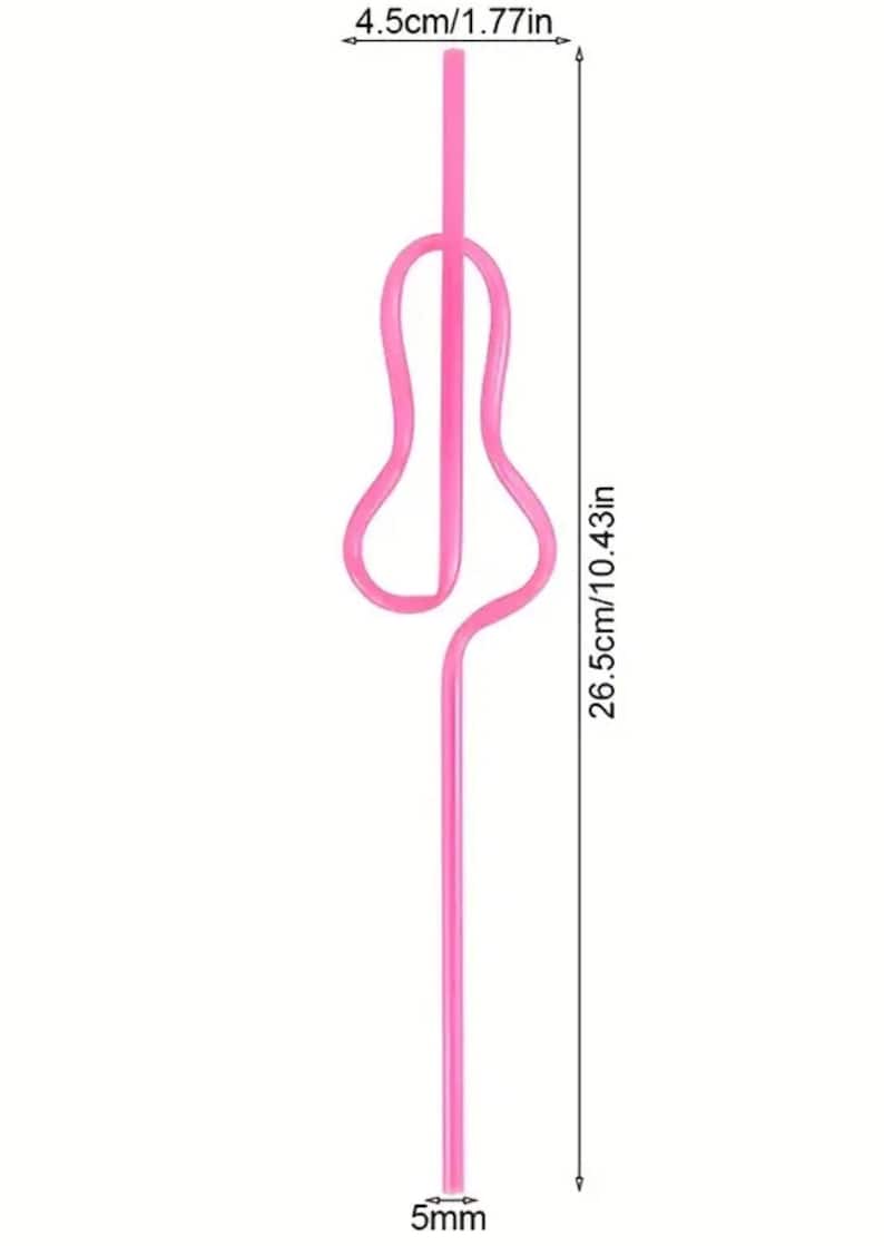 May include: Pink plastic drinking straw with a unique bend in the middle, measuring 10.43 inches in length and 0.18 inches in diameter.