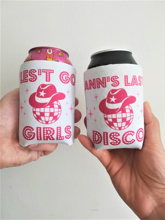 Custom can cooler hen party cup holder Last disco bachelorette party can cooler hen do cozzies Bridesmaid gift can holder personalised hen