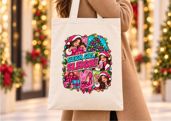 Christmas Tote Bag Women Reusable Cotton Shopper Festive Holiday Present Sleigh Girl Sleigh Design gift for her