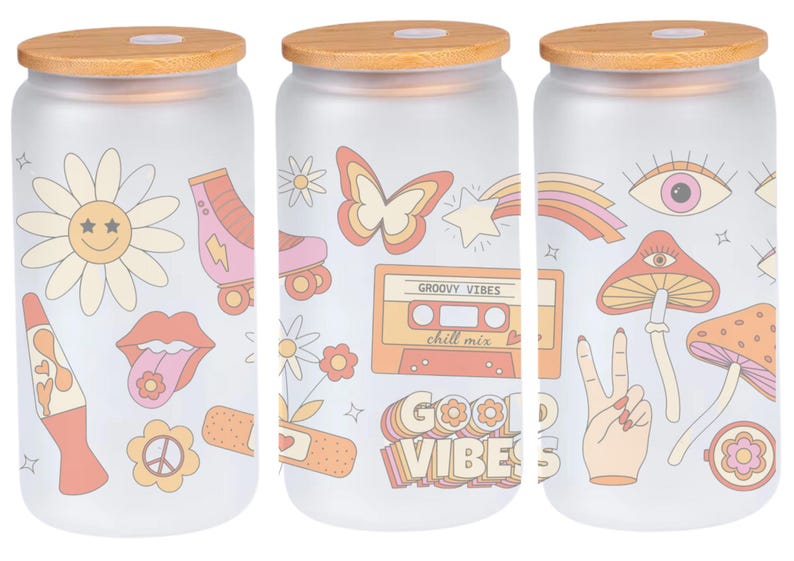 May include: Set of three frosted glass jars with bamboo lids. Each jar features a different retro-inspired design with colorful illustrations of flowers, butterflies, mushrooms, peace signs, and the text "Groovy Vibes chill mix" and "Good Vibes".