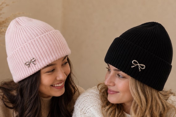 Women’s Bow Brooch Beanie Hat, Pink or Black Cosy Winter Hat, Soft Knitted Ribbed Beanie, Christmas Birthday Gift