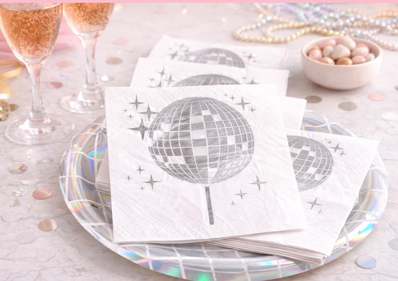 disco ball napkins, disco party decor, disco theme party, metallic napkins, disco table decor, disco birthday decor, retro party decor, 70s party decor, disco bachelorette, disco bridal shower, disco engagement, disco themed party, silver party decor