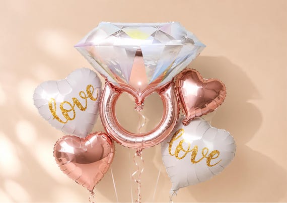 Engagement Ring Balloon Bouquet, Rose Gold Love Heart Balloons, Bridal Shower Decoration, Proposal Party Decor, Engagement Party Balloons