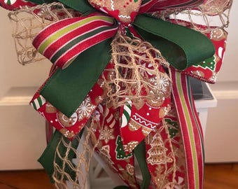 Gingerbread Christmas Bow, Holiday Wreath Bow, Candy Cane and Green Stripe Ribbon, Rustic Mesh Christmas Decor, Handmade Tree Topper Bow