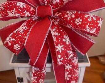 Red Snowflake Christmas Bow, Holiday Lantern Bow, Wreath Topper, Farmhouse Holiday Décor, Red and White Christmas Ribbon Bow