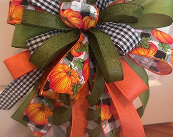 Fall Pumpkin Bow, Black White Gingham Bow