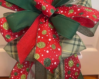 Red & Green Christmas Bow, Glitter Polka Dot Holiday Wreath or Lantern Topper, Handmade Christmas Bow, Red Green Glitter Ribbon
