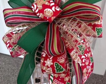 Gingerbread Christmas Bow, Festive Red & Green Holiday Décor, Lantern Topper Bow, Swag Bow, Lamppost Bow, Tree Topper Bow
