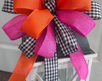 Vibrant Orange & Pink Gingham Bow, Modern Farmhouse Lantern or Wreath Accent, Spring Bow, Lantern Bow, Lamppost Bow, Mailbox Bow
