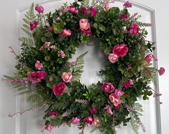 Spring Wreath, Easter Wreath, Front Door Wreath, Garden Style Wreath, Cottage Wreath, Pink Wreath Gift for New Home, Birthday Gift for Her