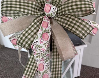 Handmade Fall Lantern Bow, Green Gingham, Floral Pink Peony Ribbon, Rustic Farmhouse Décor