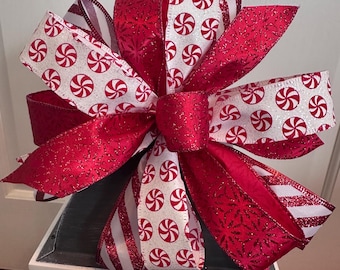 Red & White Peppermint Christmas Bow, Candy Cane Holiday Wreath, Lantern Bow, Tree Topper Bow, Lamppost Bow