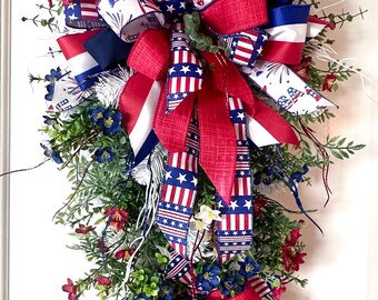 Handmade Patriotic Door Swag, 4th of July Swag, Re White and Blue Swag, Front Door Swag, Gift for Mom, Gift for Her