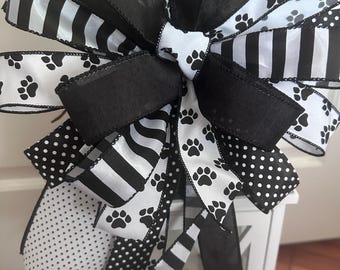 Lazo con huella de pata, lazo con huella de pata en blanco y negro, lazo para amantes de los perros, lazo para corona con temática de mascotas, lazo para farol con huella de perro, decoración rústica para mascotas, lazo para cesta de regalo