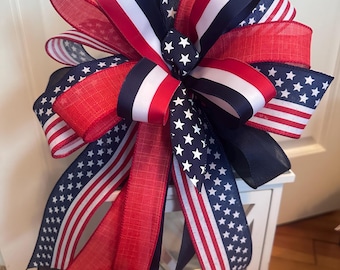 Patriotic Red White & Blue Bow, Fourth of July Door Hanger Accent, Memorial Day Summer Bow, Gift for her