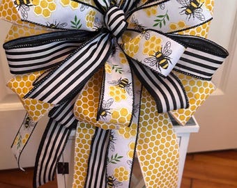 Lazo de corona de abejas / Lazo de cinta de abejas a rayas y panal amarillo / Adorno para farol de verano / Decoración de abejas estilo granja / Lazo de abejorro de primavera