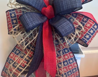 Patriotic Red White & Blue Bow, Fourth of July Door Hanger Accent, Memorial Day Summer Bow, Gift for her