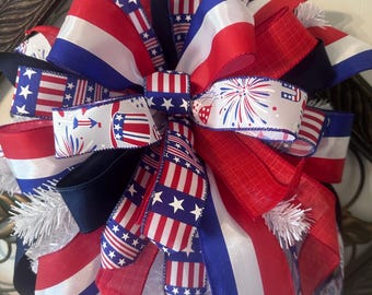 Patriotic Red White & Blue Bow, Fourth of July Door Hanger Accent, Memorial Day Summer Bow, Gift for her