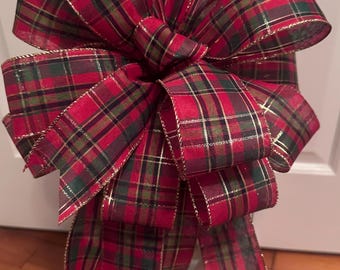 Classic Red Tartan Bow, Handmade Holiday Wreath Bow, Tartan Plaid Bow, Lantern Bow, Tree Topper Bow, Lamppost Bow, Gift for HER / MOM