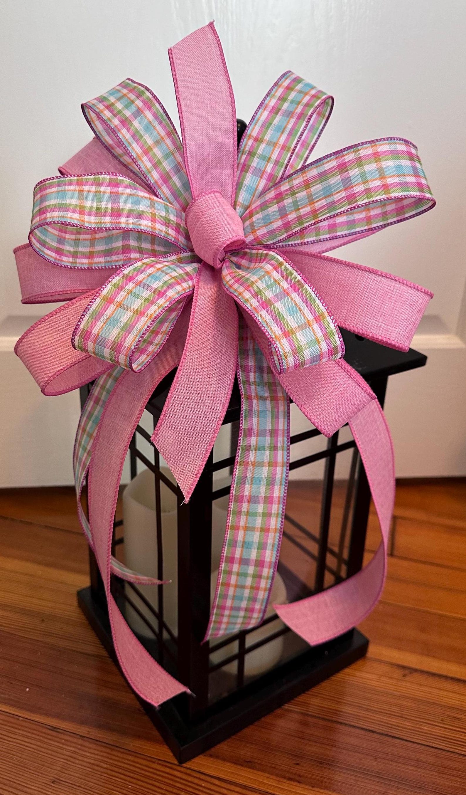 Spring Wreath Bow, Pink Plaid Wreath Bow, Lantern Bow, Lamppost Bow ...