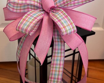 Spring Wreath Bow, Pink Plaid Wreath Bow, Lantern Bow, Lamppost Bow, Mailbox Bow, Pastel Bow, Gift for Mom, Gift for New Home