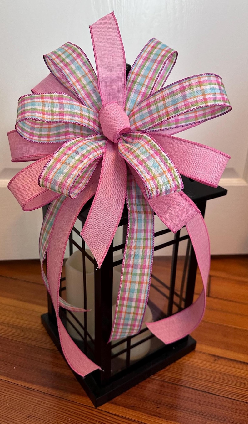 Spring Wreath Bow, Pink Plaid Wreath Bow, Lantern Bow, Lamppost Bow ...