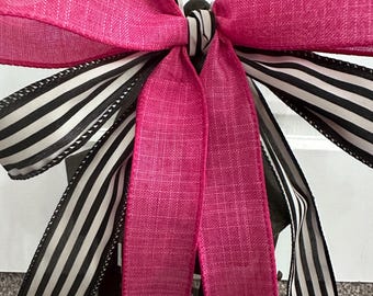 Elegant Spring Wreath Bow, Pink Bow, Lantern Bow, Lamppost Bow, Mailbox Bow, Black and White Stripe Bow, Gift for New Home, Gift for MOM