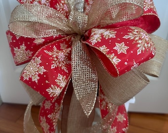 Red & Gold Snowflake Christmas Bow, Elegant Holiday Bow, Lantern Bow, Tree Topper Bow, Mailbox Bow, Lamppost Bow