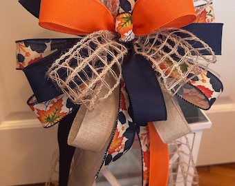 Handmade Fall-Inspired Decorative Ribbon Bow, Burlap, Orange & Navy Accent Bow, Autumn Lantern Bow Décor, Lamppost Bow, Fall Wreath Bow